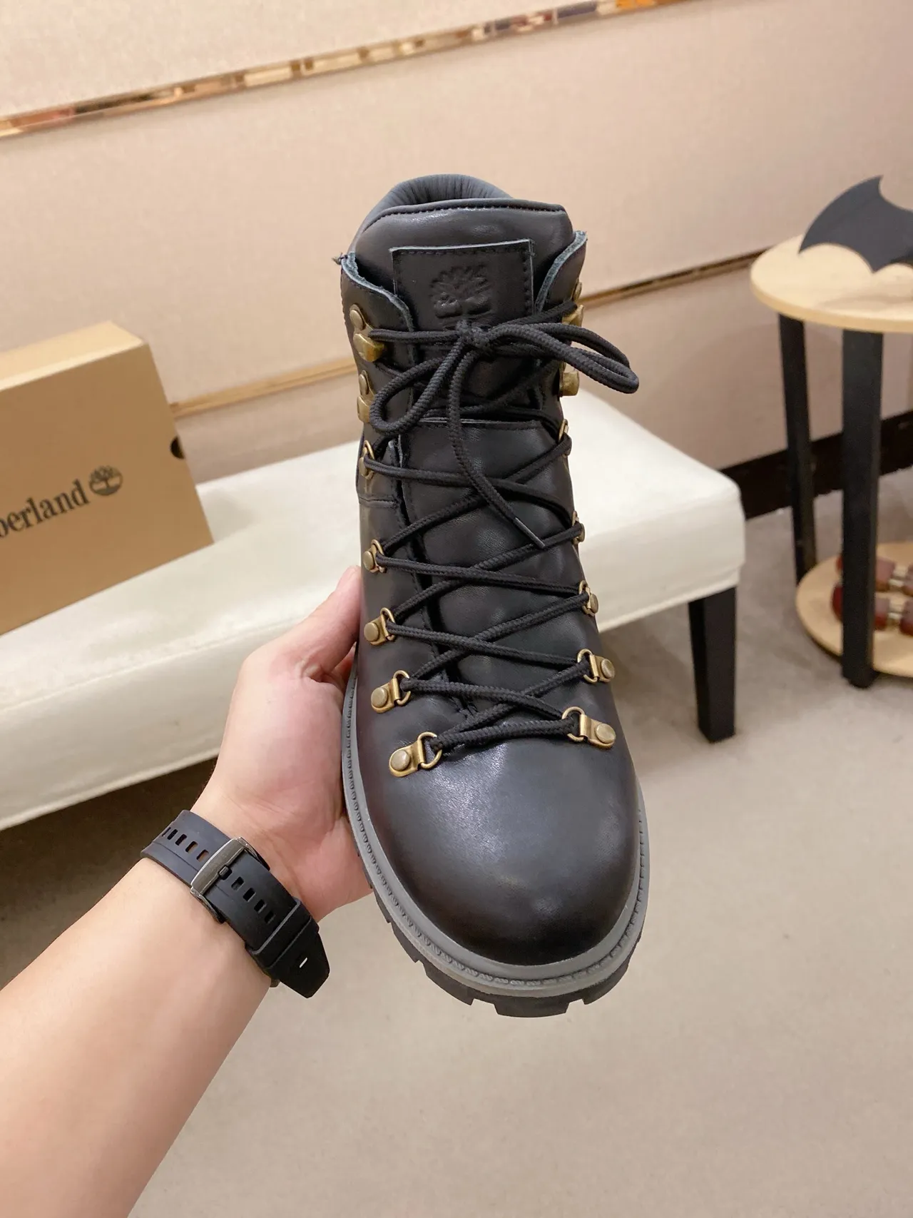 Timberland Premium 6-Inch Black Gray Leather Brass Hardware Work Boots