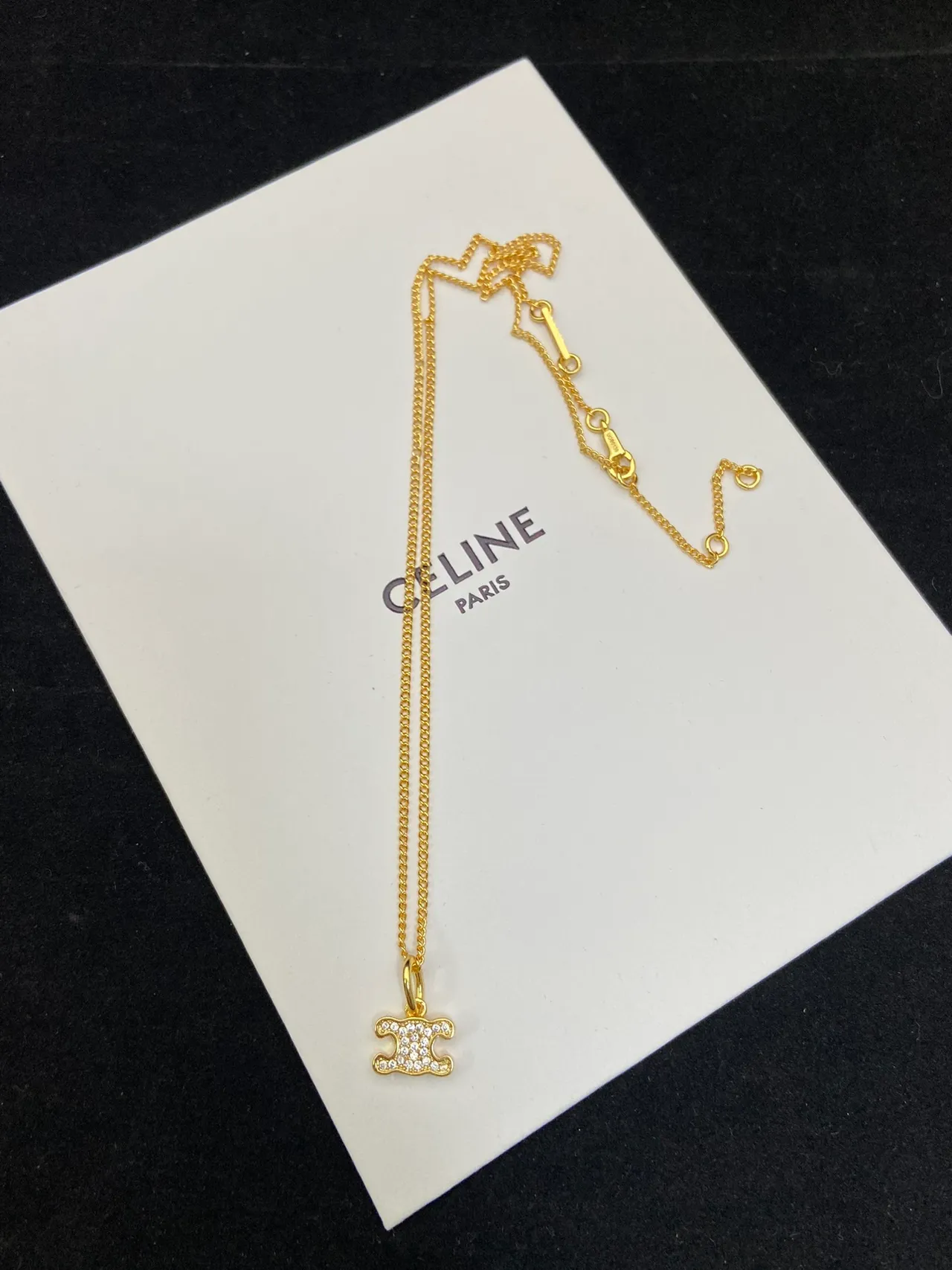 Celine Triomphe Gold Silver Logo Pendant Chain Necklace