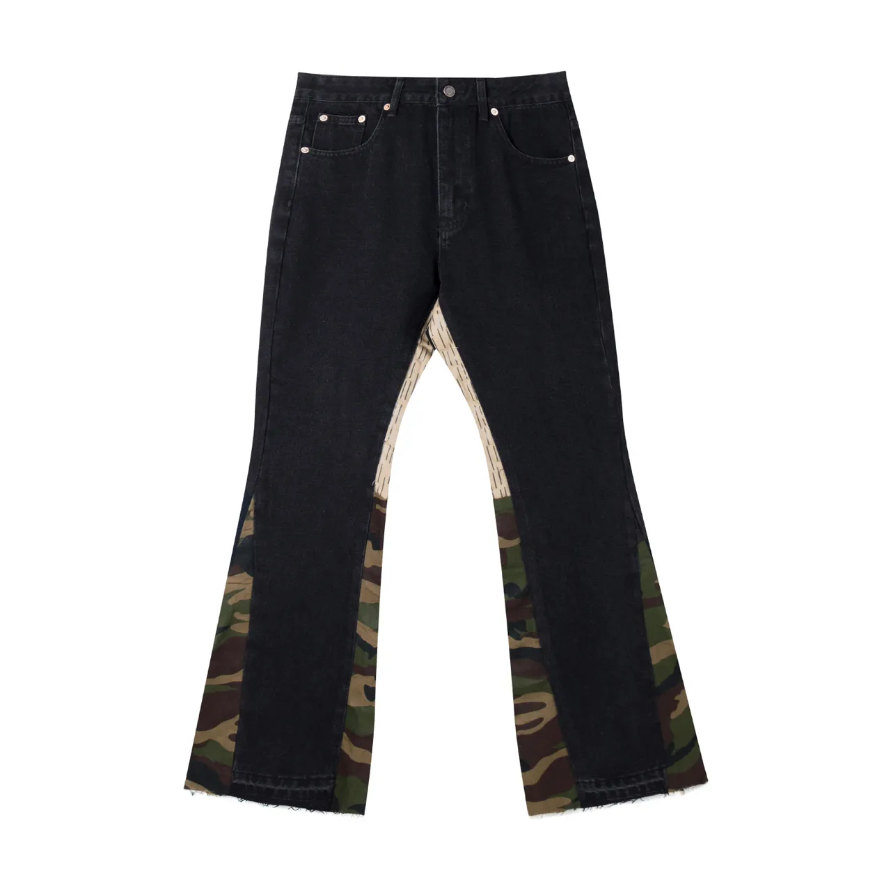 Black Army Green Flared-Leg Camouflage-Paneled Jeans