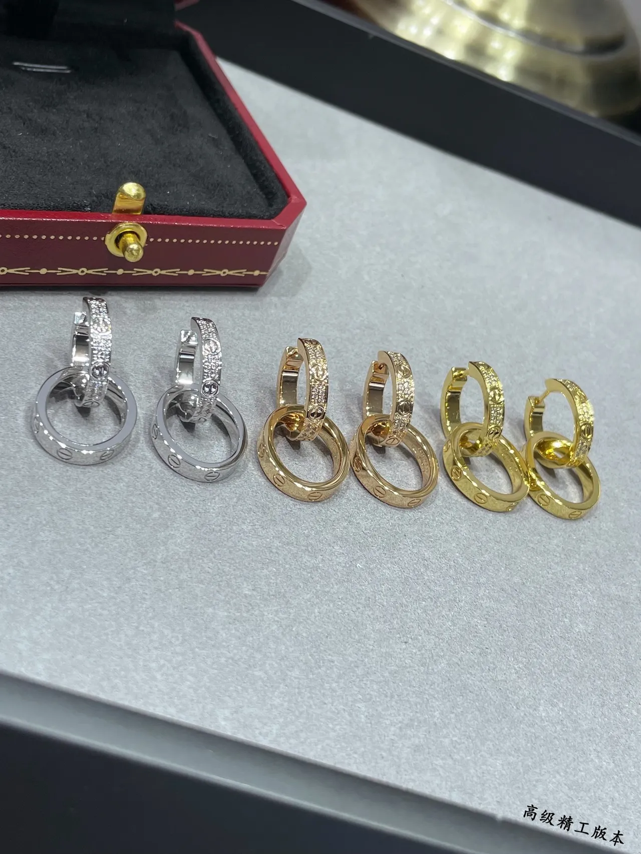 Cartier Juste un Clou Silver Gold Interlocking Double Hoops Pavé-Set Stones Earrings