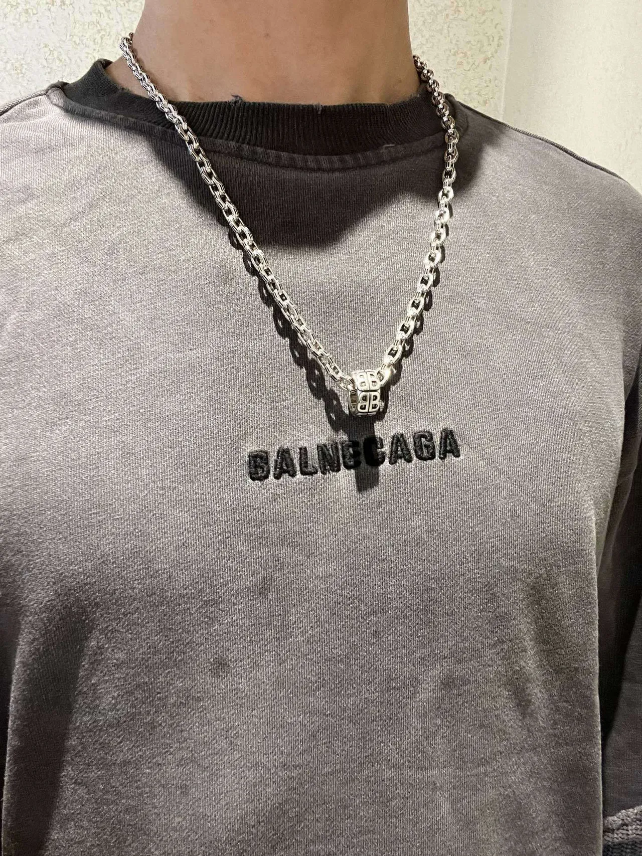 Balenciaga BB Motif Pendant Silver Chain Necklace