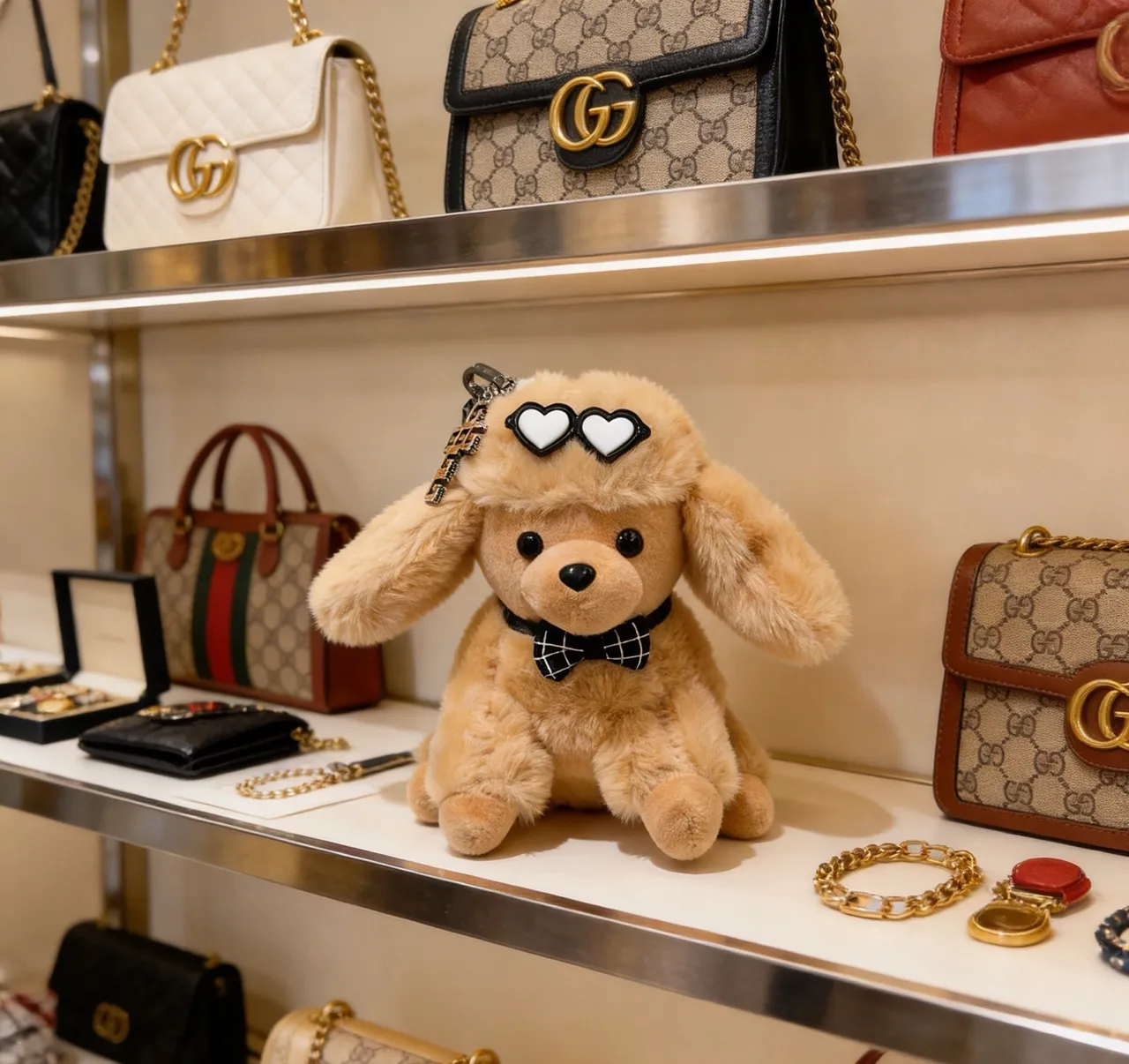 Gucci Beige Black Plush Dog Silhouette Checkered Bow Tie Phone Accessory