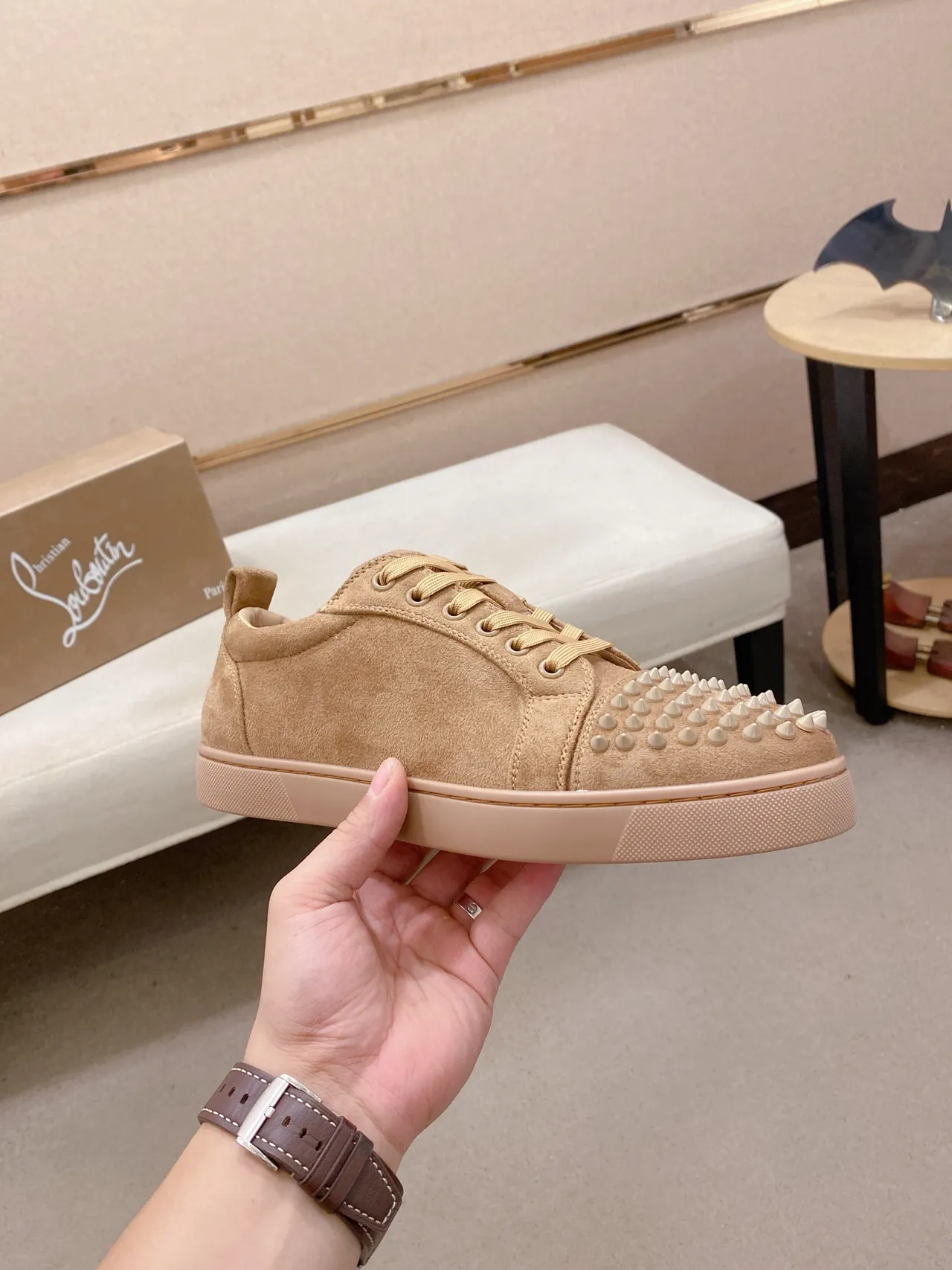 Christian Louboutin Louis Spikes Beige Suede Lifestyle Sneakers