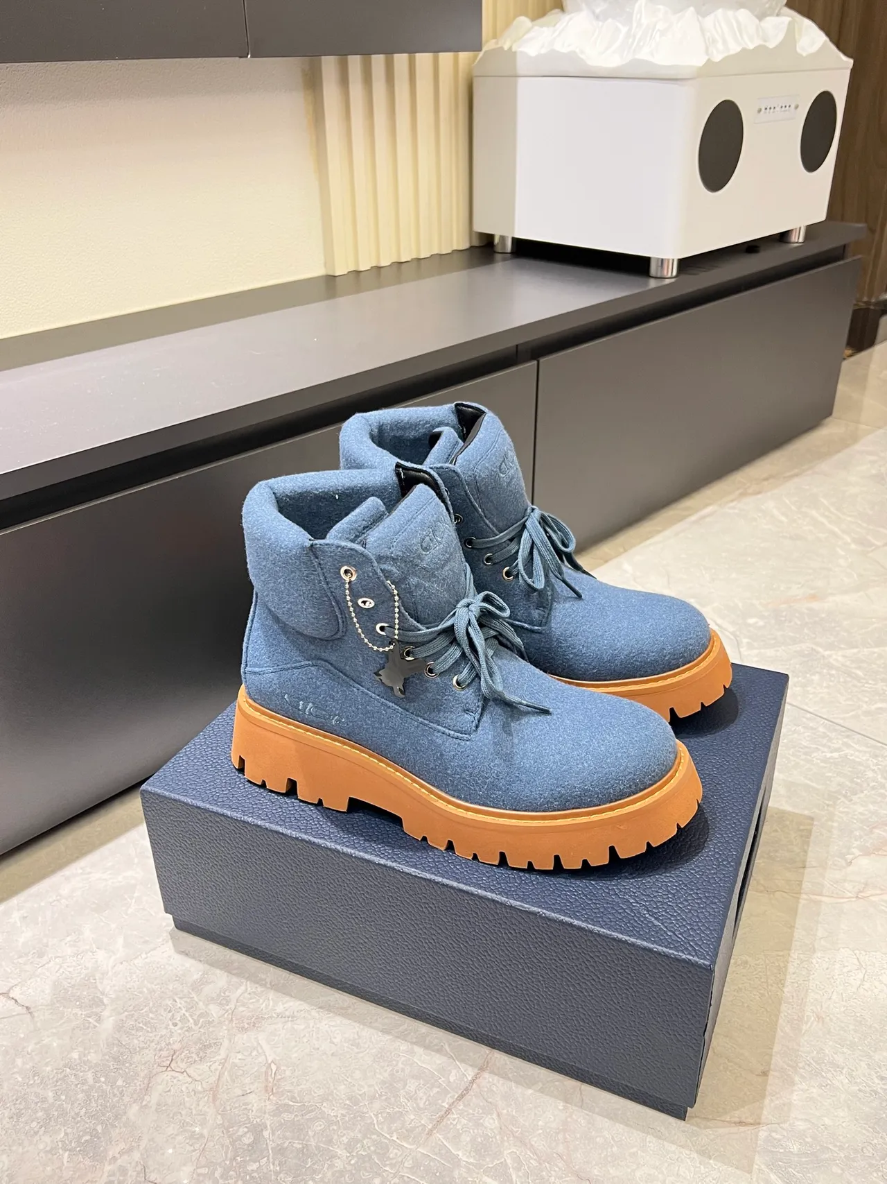 Blue Beige Felt Upper Chunky Lug Sole Ankle Boots