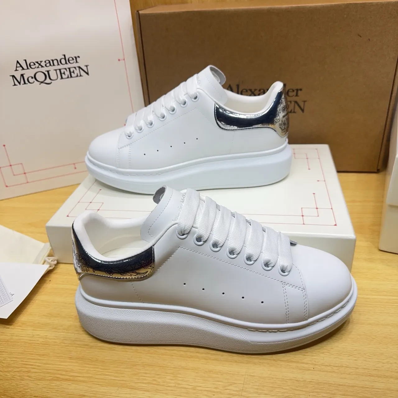 Alexander McQueen Oversized Sneaker White Silver Platform Sole Metallic Heel Counter Lifestyle Sneakers