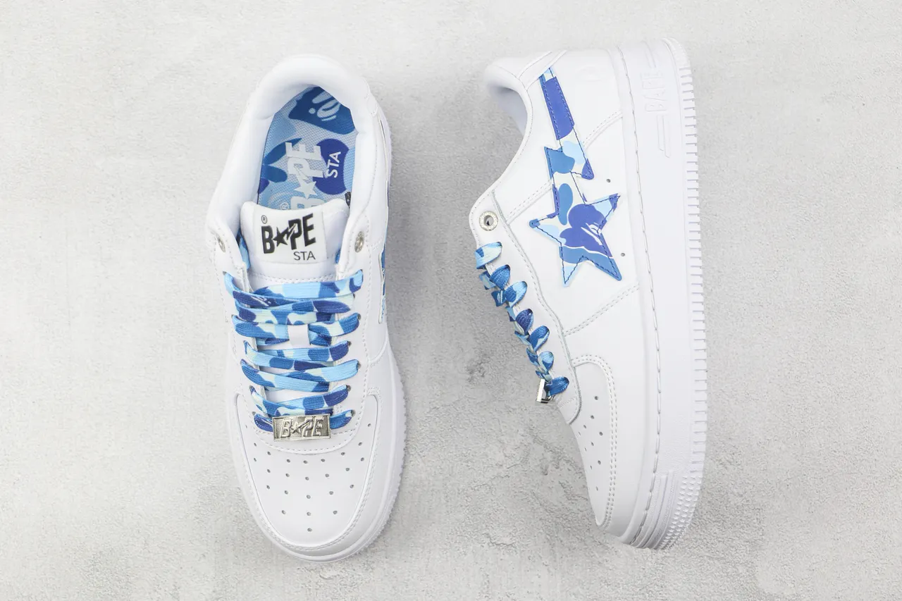 A Bathing Ape White Blue Leather Upper Camo Star Logo Lifestyle Sneakers