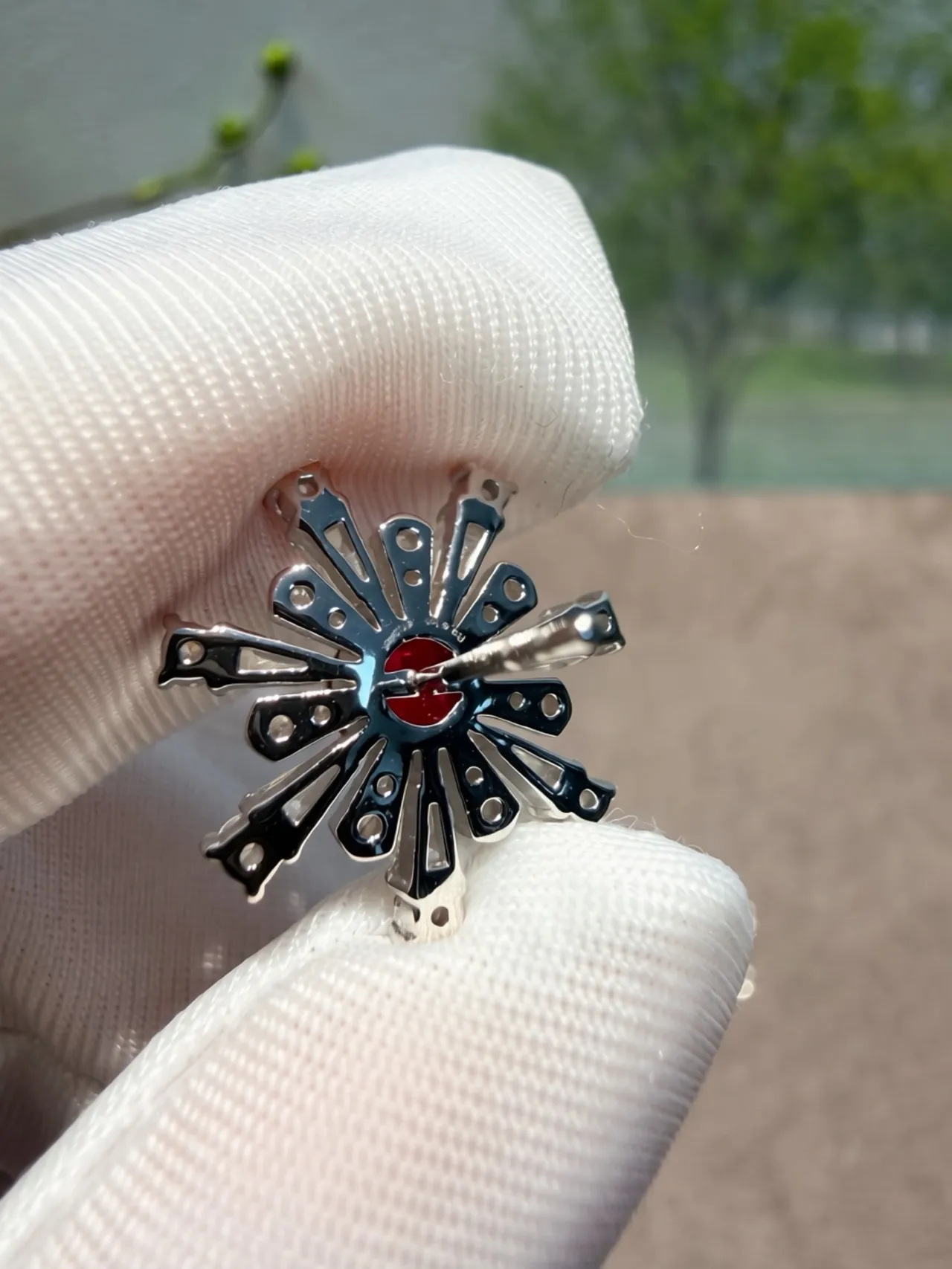 Snowflake-Style Red Gemstone and Diamond Brooch