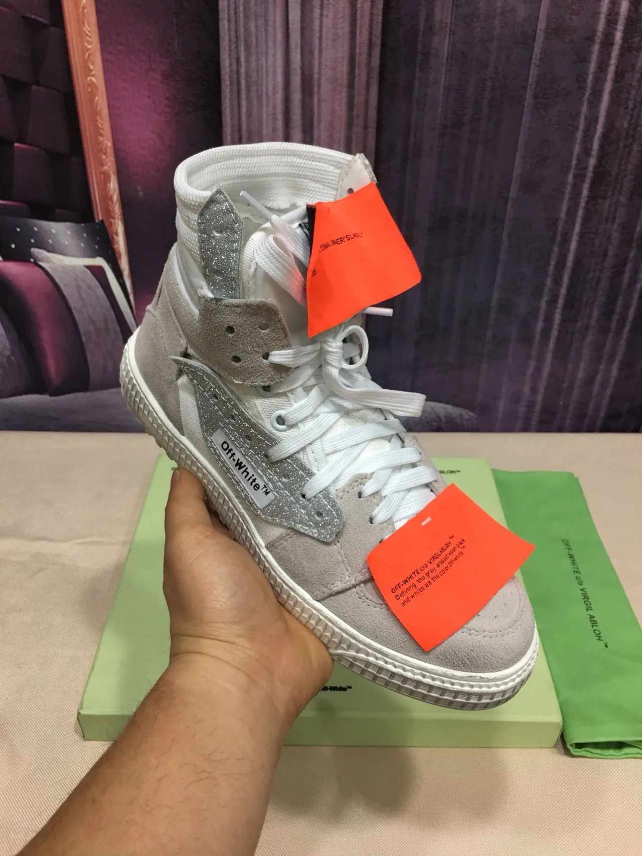 Off-White Beige Silver High-Top Glitter-Accented Lifestyle Sneakers