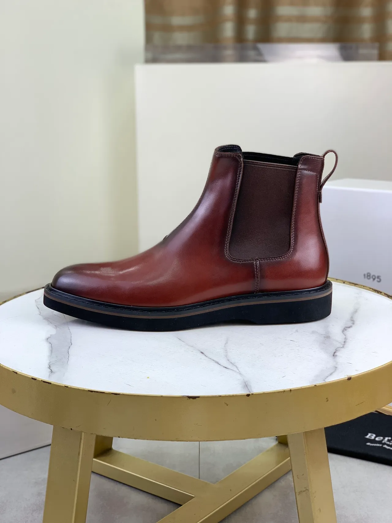 Berluti Brown Black Polished Leather Elastic Side Gussets Chelsea Boots
