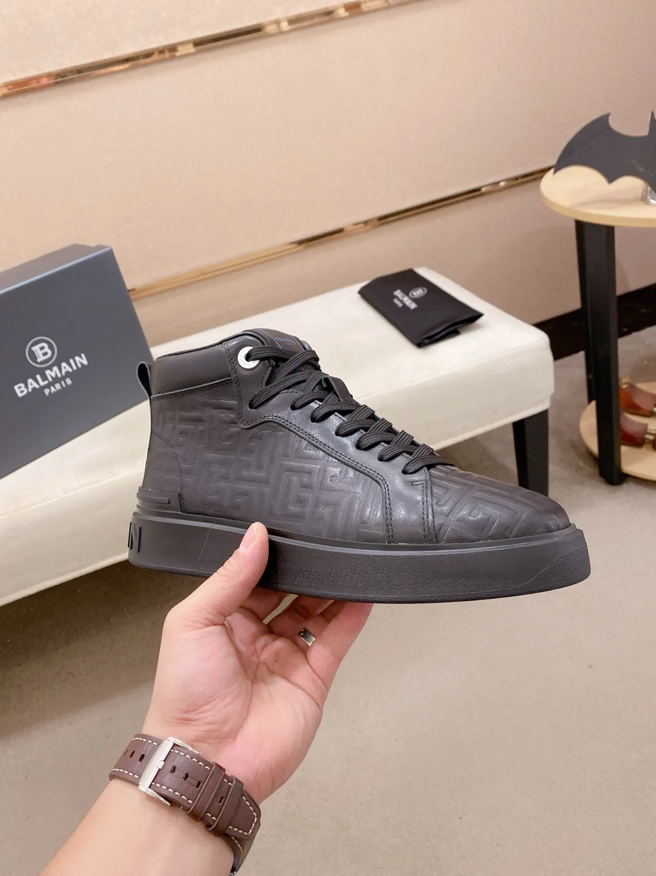 Balmain B-Court Black Embossed Greek Key High-Top Lifestyle Sneaker