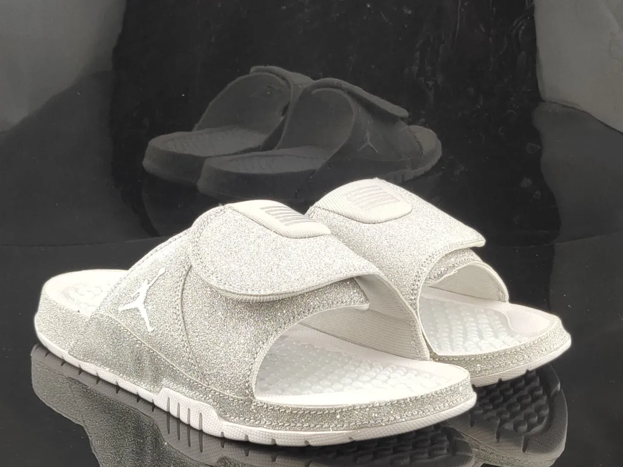 Air Jordan Silver White Glitter Upper Molded Footbed Slippers