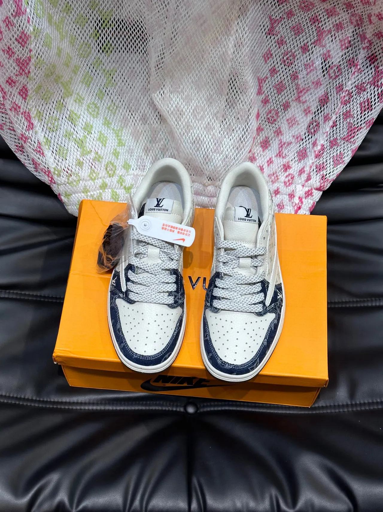 Nike x Louis Vuitton Dunk Low White and Navy Monogram Lifestyle Sneakers