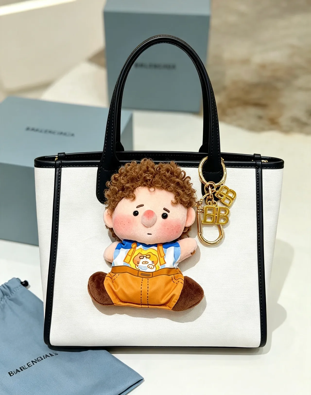 Balenciaga Brown Blue Plush Doll Keychain Accessory Handbag
