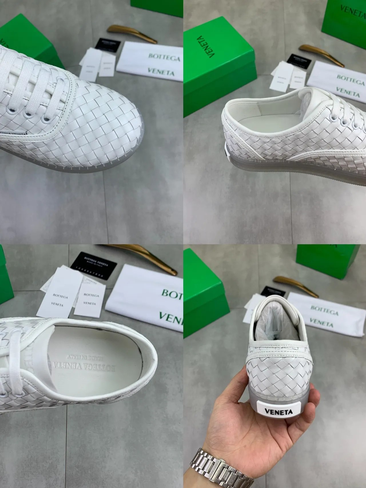Bottega Veneta Cassette White Woven Leather Lifestyle Sneakers