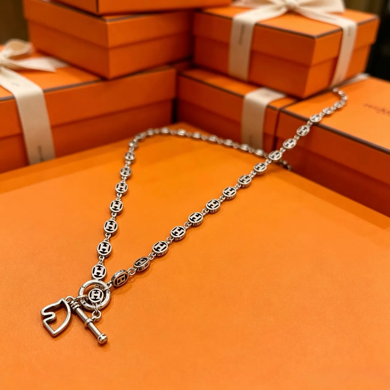 Hermès Silver Black Logo-Link Chain Necklace