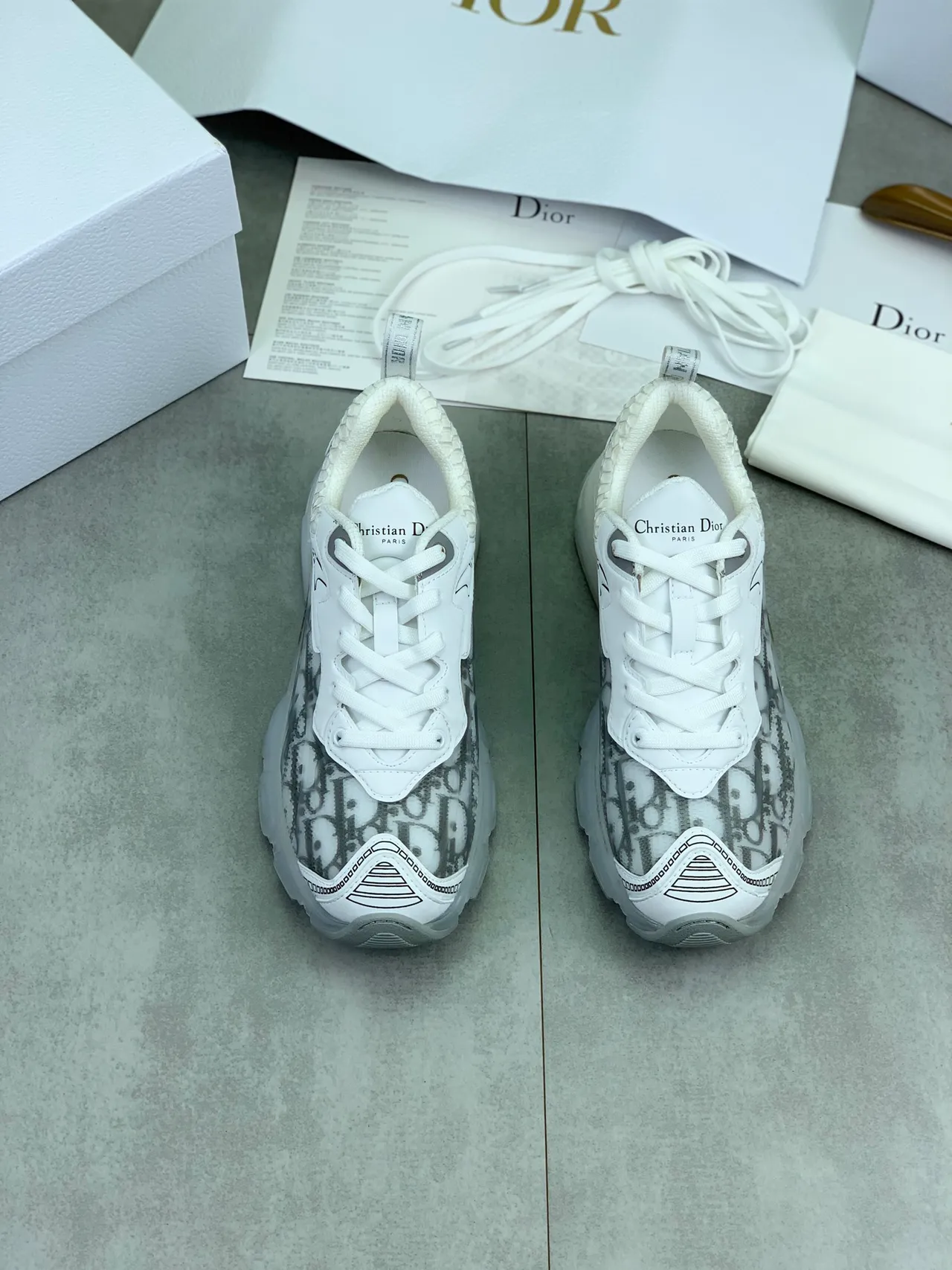 Dior White Gray Monogram-Print Overlay Translucent Midsole Window Chunky Sneakers