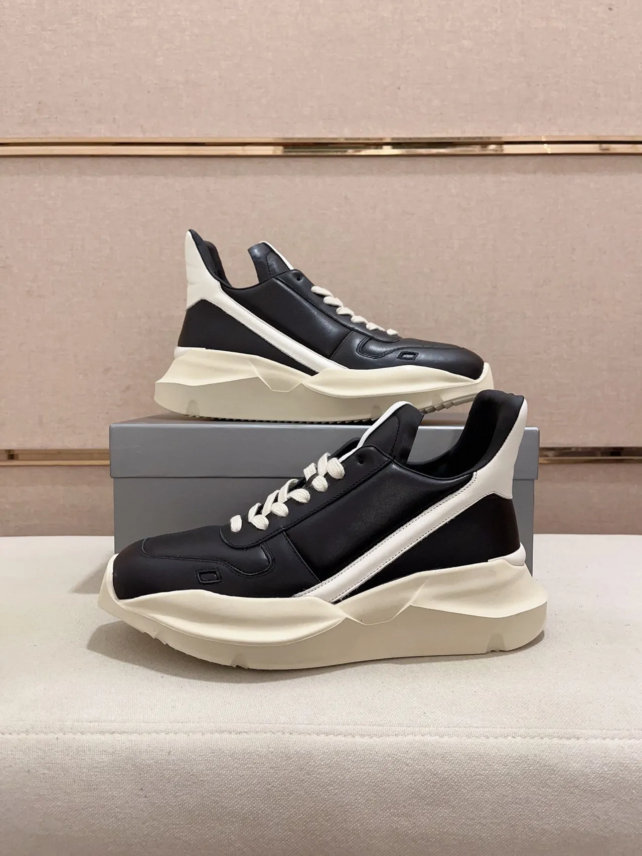 Rick Owens Black Beige Sculpted Sole Asymmetrical Heel Counter Chunky Sneakers