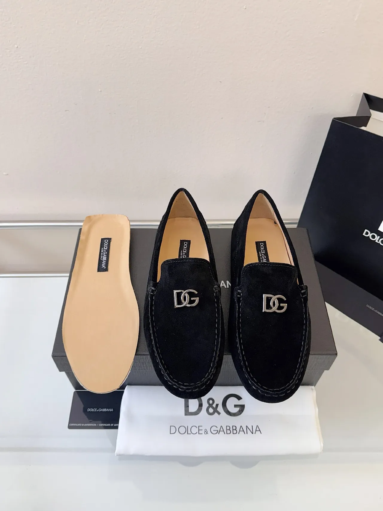 Dolce & Gabbana Portofino Black Beige Suede Upper Metal DG Buckle Loafer