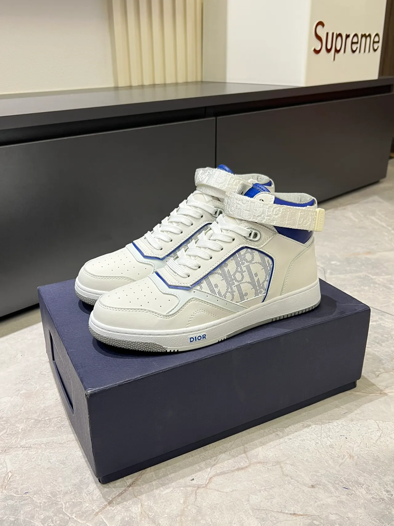 Dior B23 White and Blue Monogram High-Top Lifestyle Sneakers