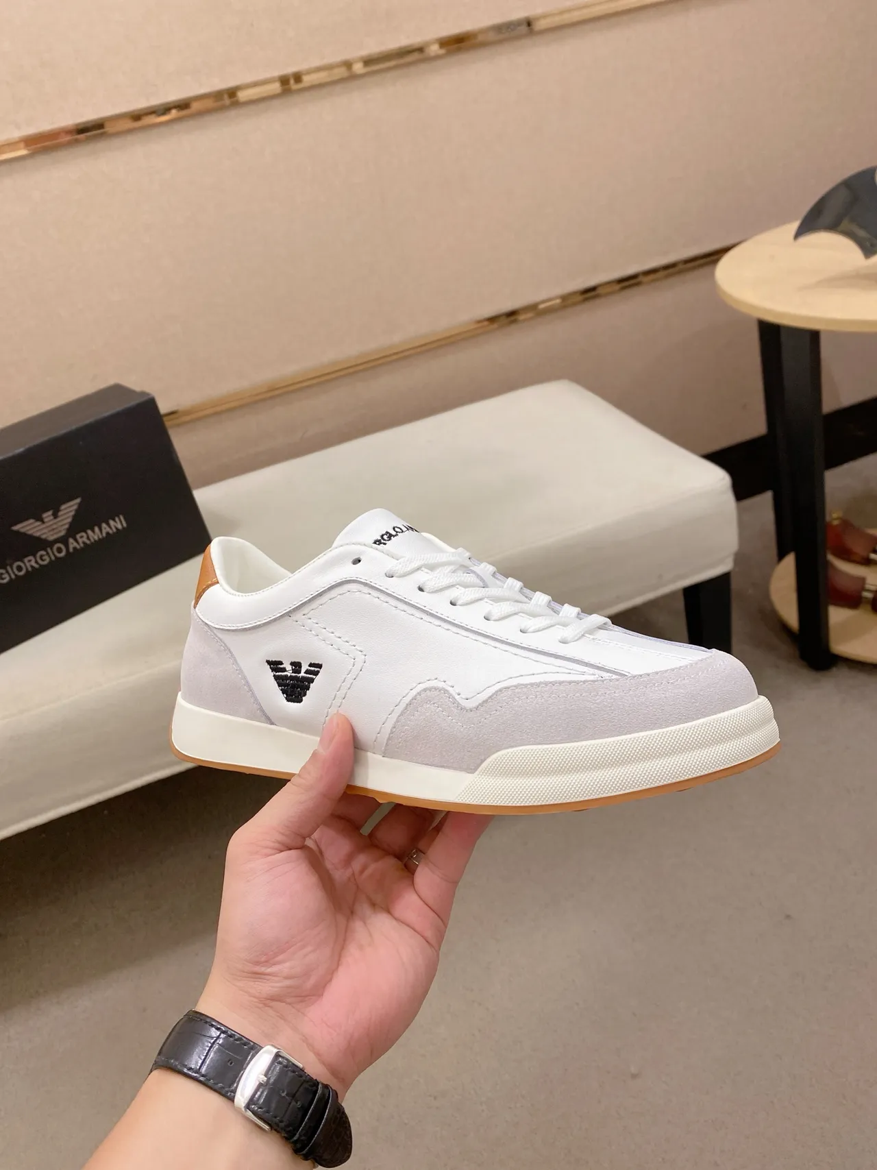 Emporio Armani White Gray Low-Top Leather-Suede Panelled Sneakers