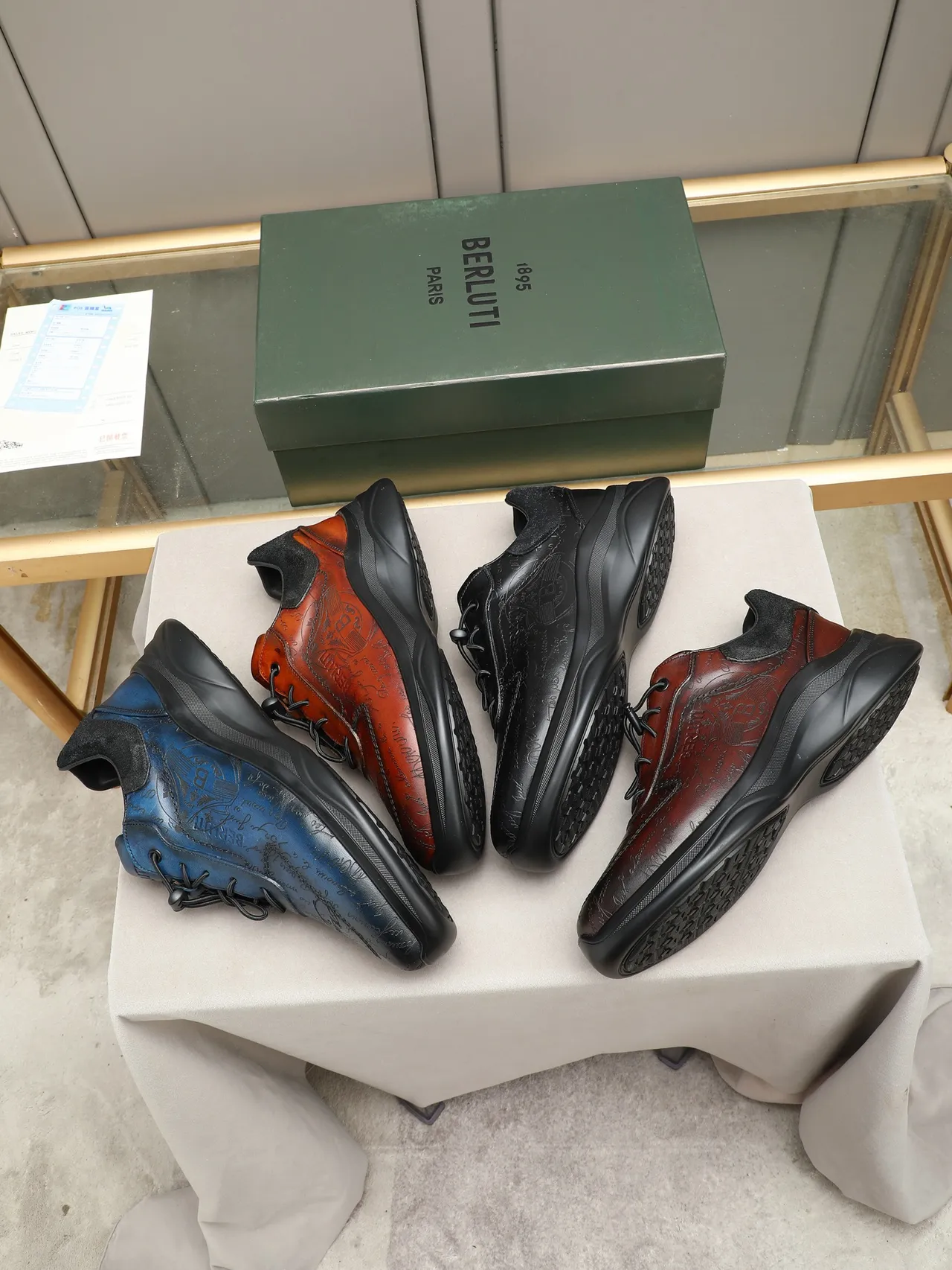 Berluti Embossed Script Leather Brown and Black Lifestyle Sneaker