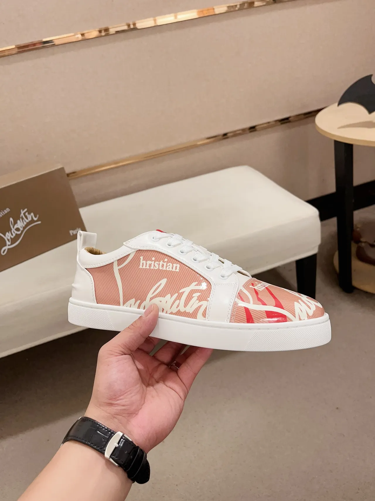 Christian Louboutin Pink White Low-Top Mixed-Material Upper Lifestyle Sneakers