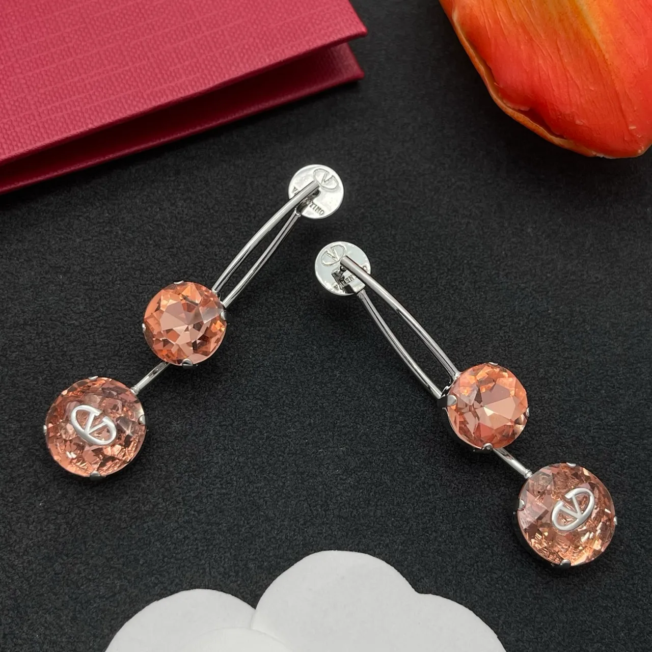 Valentino VLogo Pink Silver Double-Stone Drop Faceted Crystal Earrings