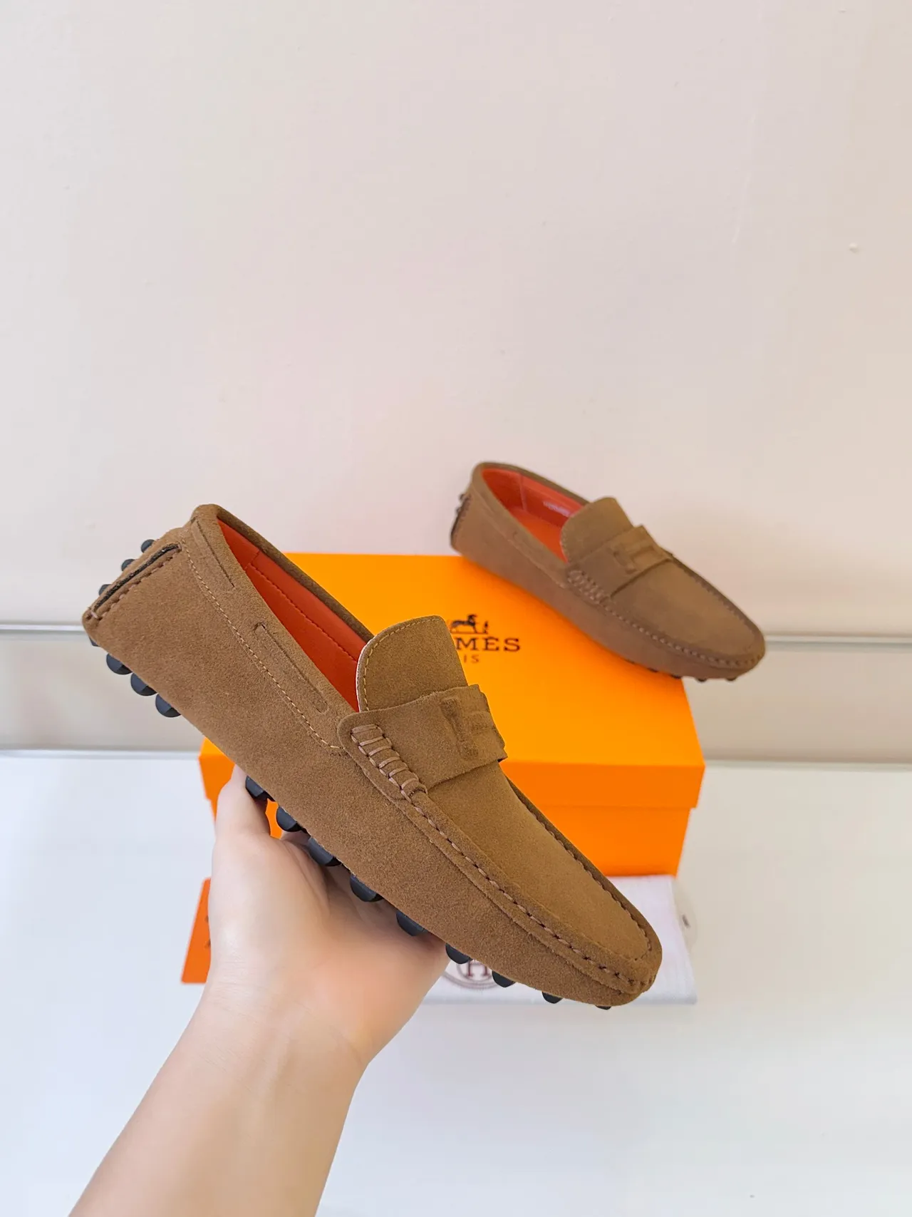 Hermès Oran Brown Orange Suede Upper Penny Strap Loafer