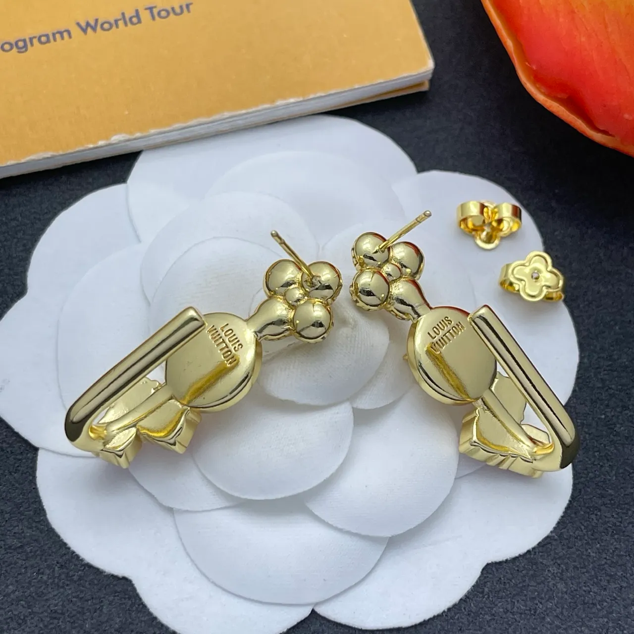 Louis Vuitton Gold Pink Floral-Top Pearl-Drop Earrings