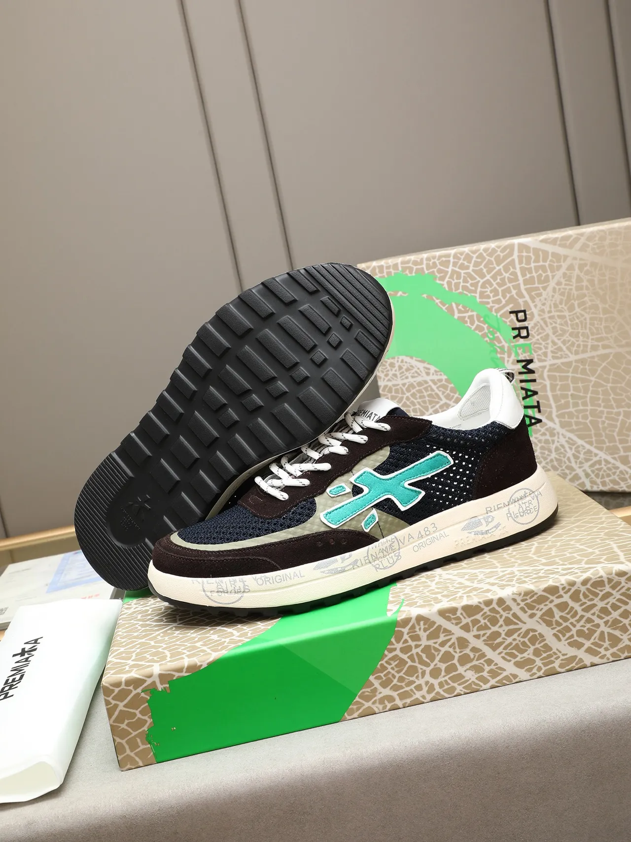 Premiata Cross Logo Brown Navy Turquoise Lifestyle Sneakers