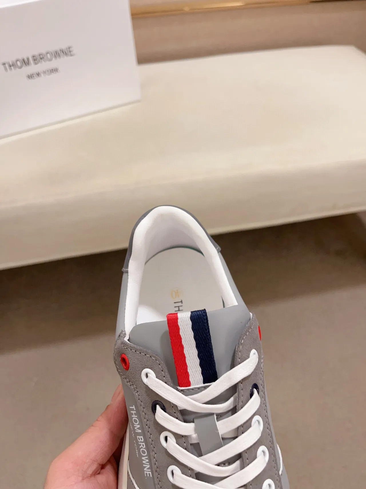 Thom Browne Gray White Mixed-Material Upper Mesh Ventilation Panel Sneakers