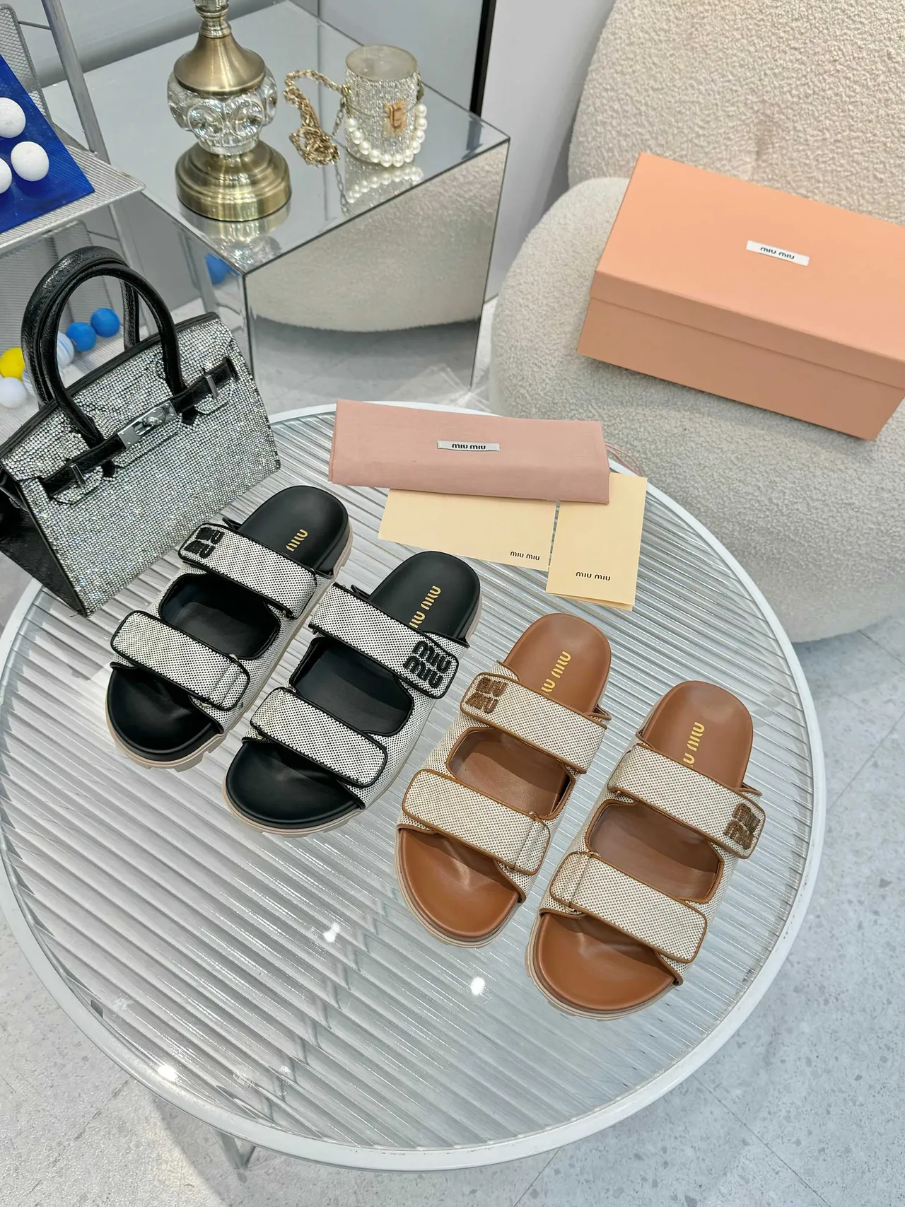 Miu Miu Wander Double-Strap Woven Mesh Slippers