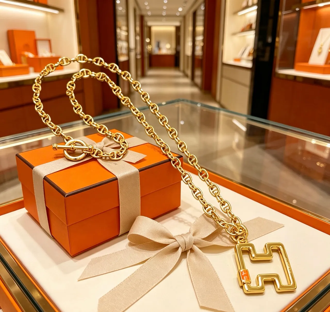 Hermès Gold Orange Link Chain Toggle Clasp Necklace