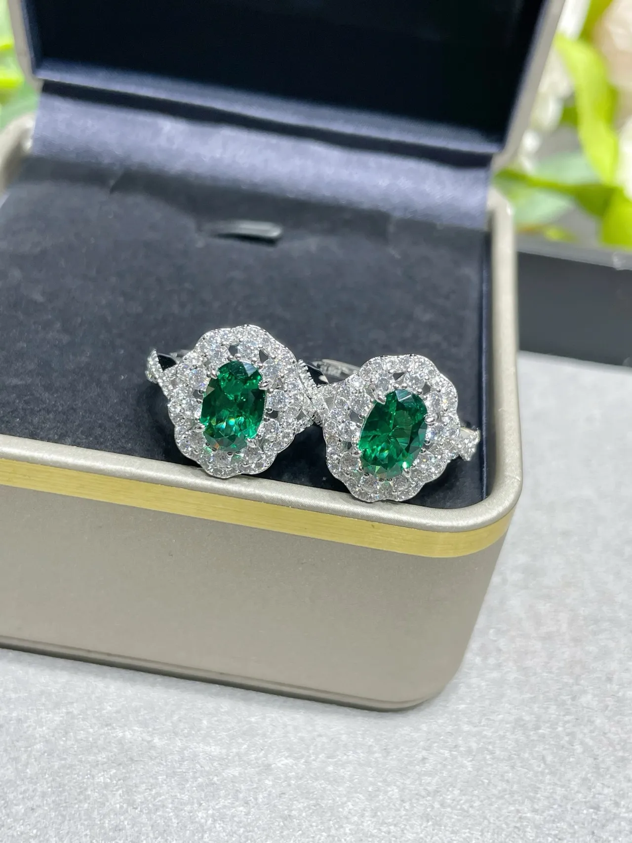 Green Silver Oval-Cut Center Stones Pavé Halo Surround Earrings