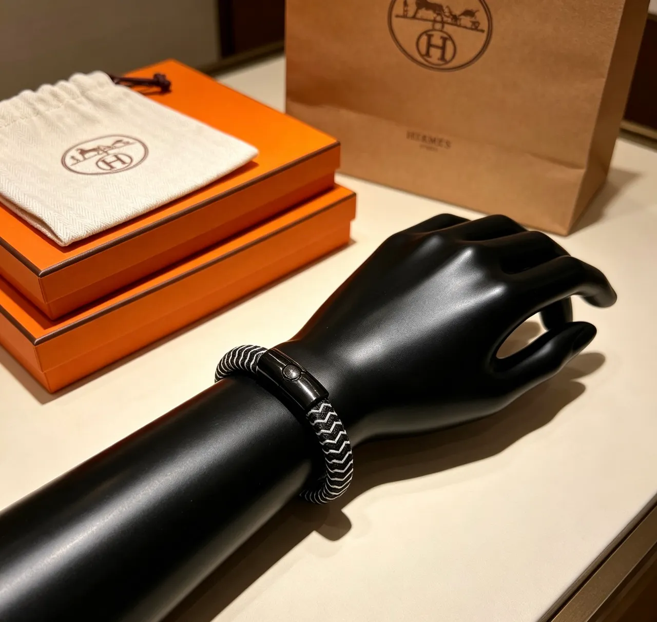 Hermès Black Silver Woven Leather Zigzag Stitching Bracelet