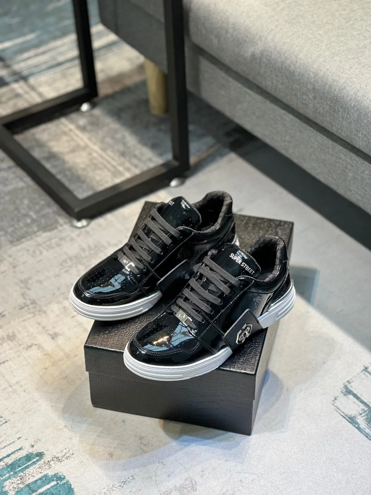 Philipp Plein Super Street Black Patent Leather Lifestyle Sneakers