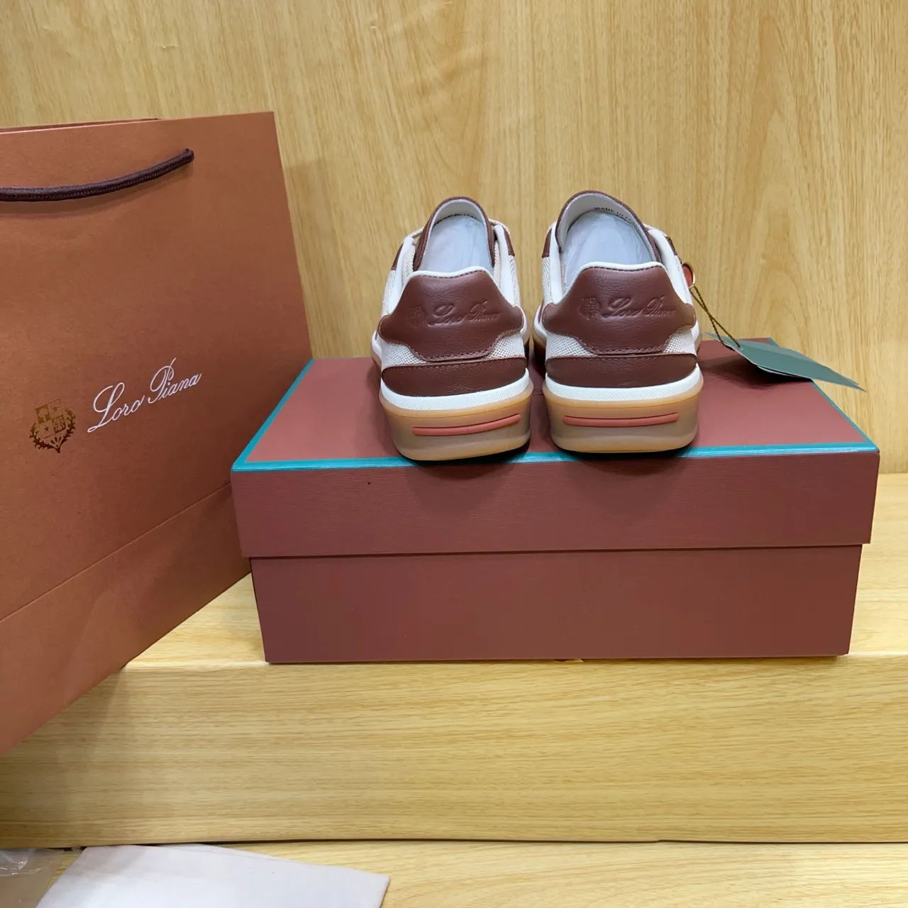 Loro Piana Beige Brown Mixed-Material Upper Leather-and-Textile Paneling Sneakers