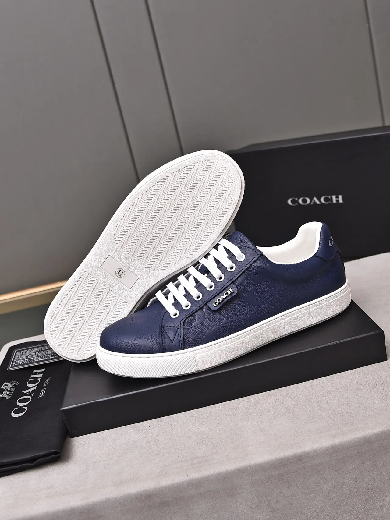 Coach Navy Embossed Signature Leather Low-Top Sneakers