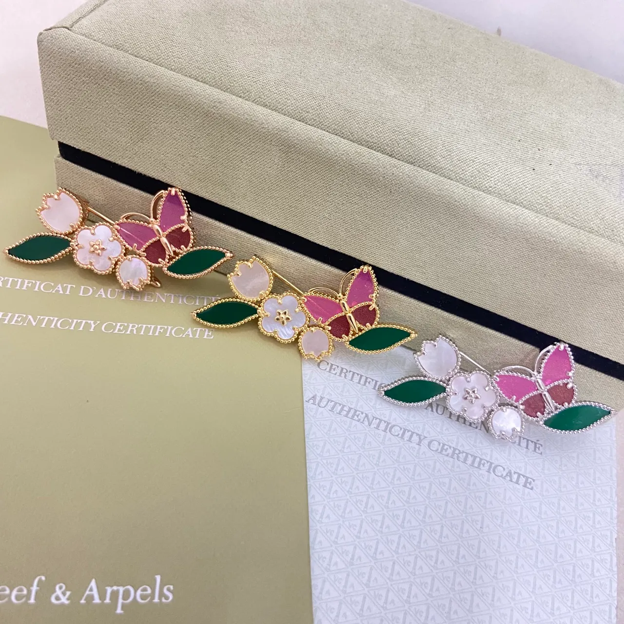 Van Cleef & Arpels Floral Butterfly Enamel and Mother-of-Pearl Brooches
