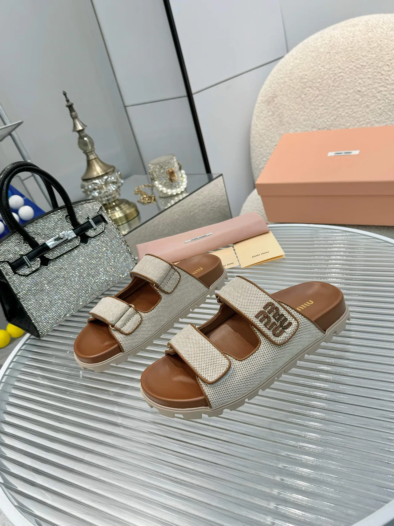 Miu Miu Wander Double-Strap Woven Mesh Slippers