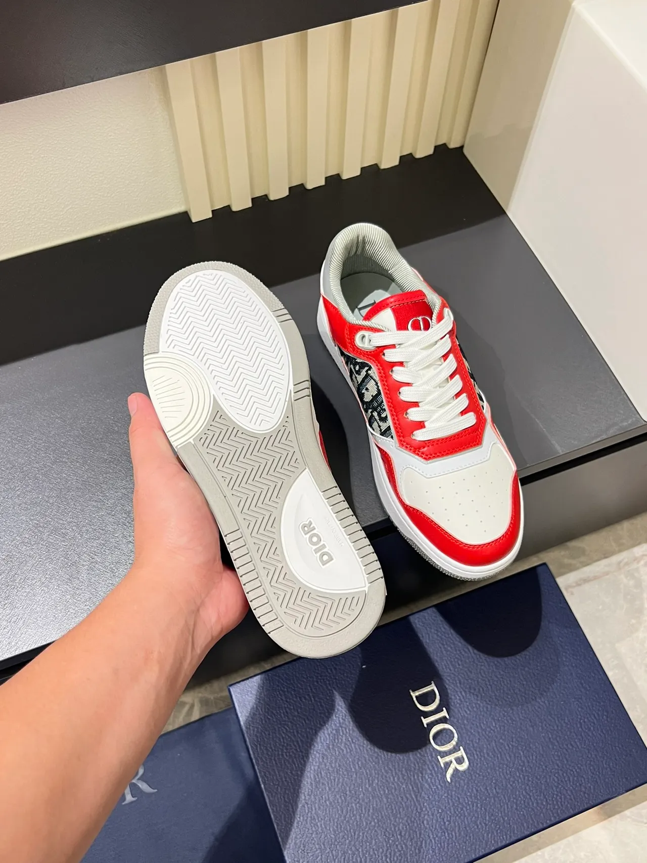 Dior B23 High Red and White Monogram Lifestyle Sneakers