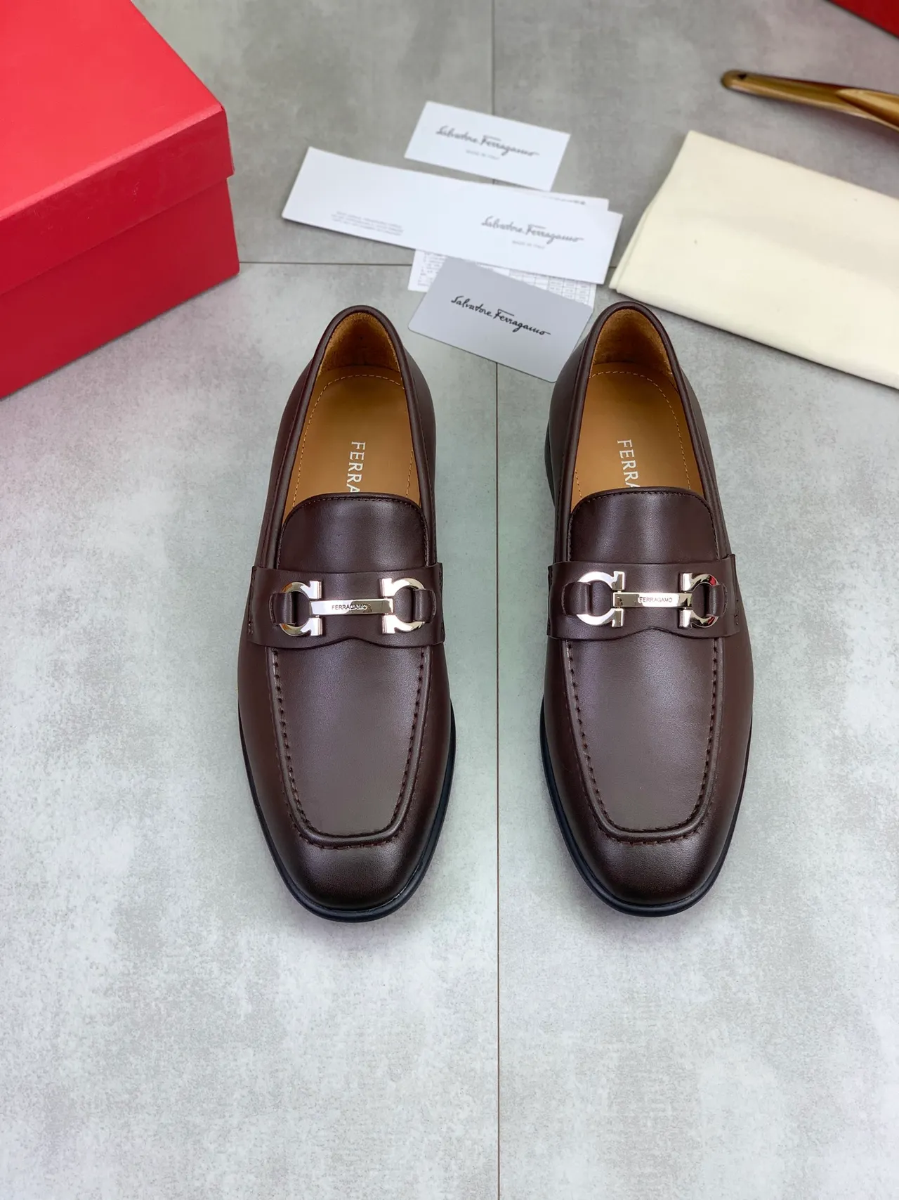 Salvatore Ferragamo Gancini Loafer Brown Leather Square Toe Loafers