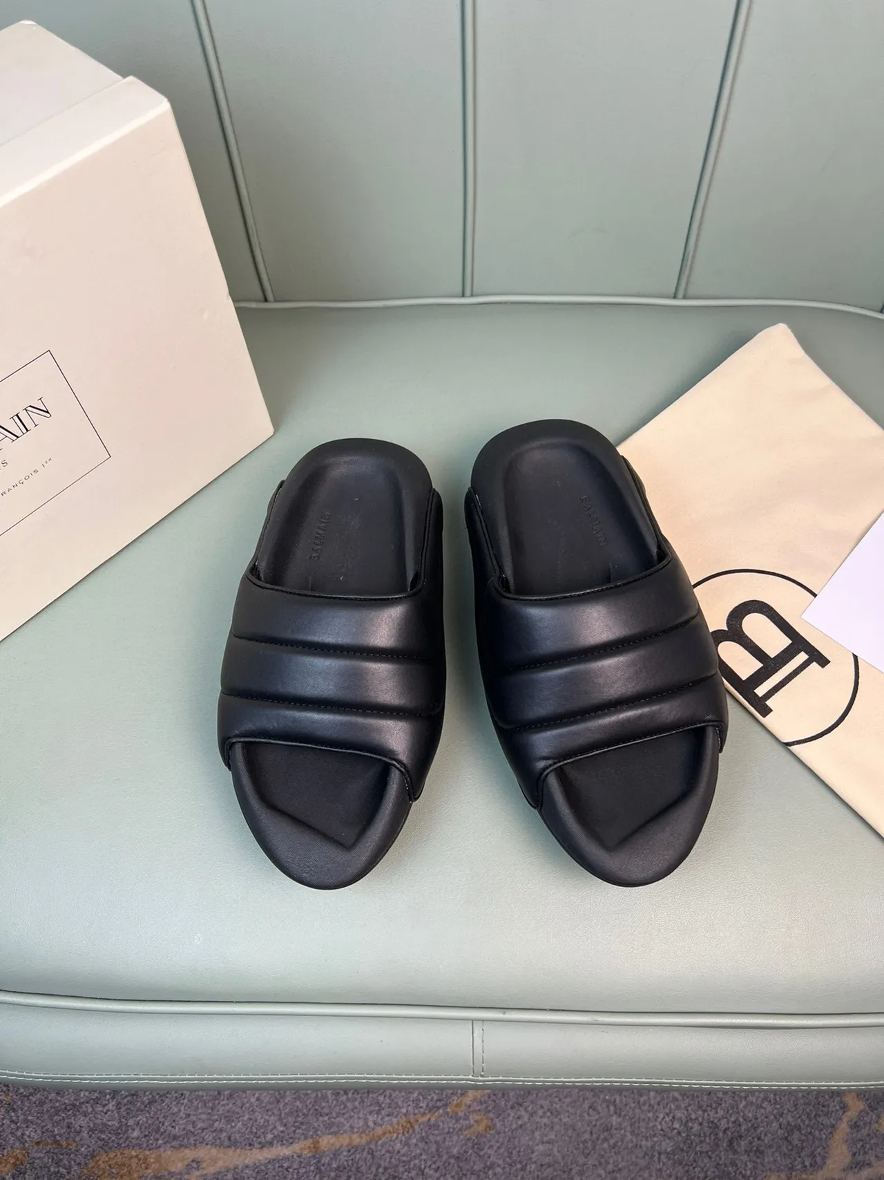 Balmain B-Court Black Gold Padded Strap Molded Sole Slippers