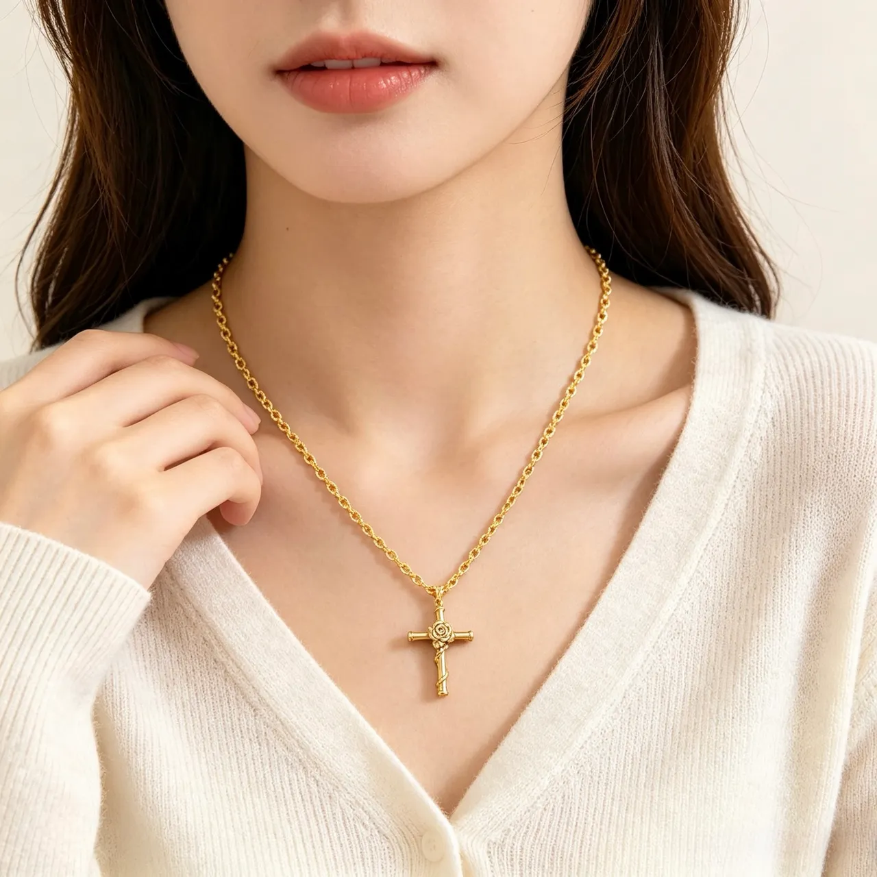 Gucci Bamboo Cross Pendant Gold-Tone Necklace