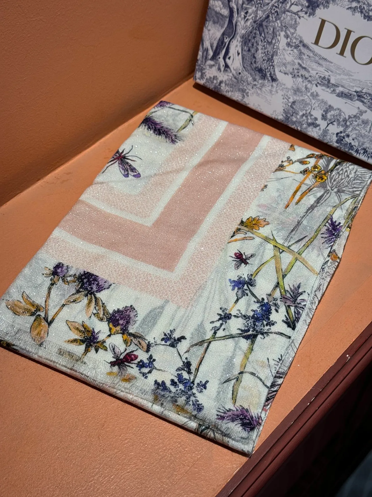 Beige Multicolor Botanical Print Sheer Lightweight Silk Scarf