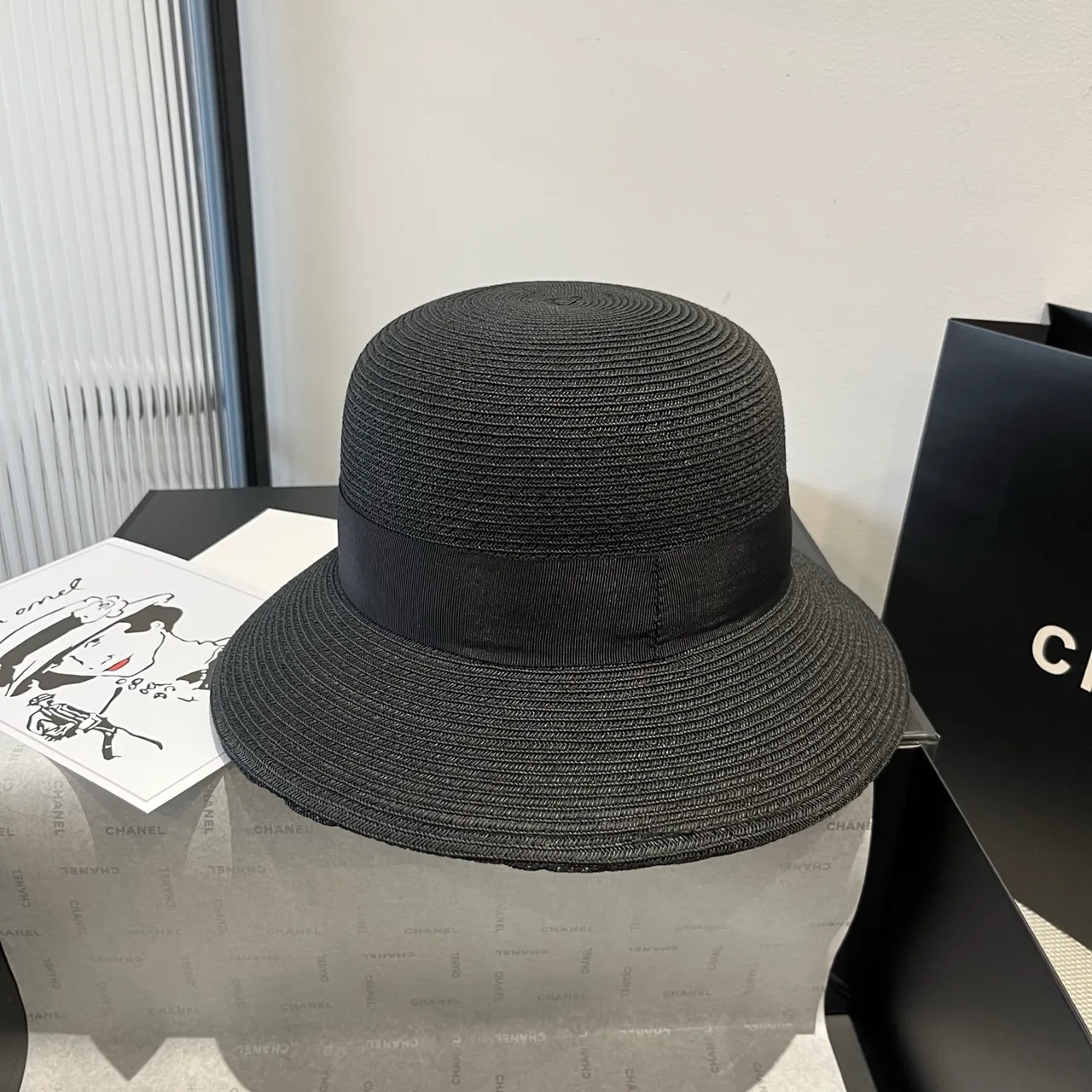 Dior Black Woven Straw-Like Texture Pinched Crown Fedora