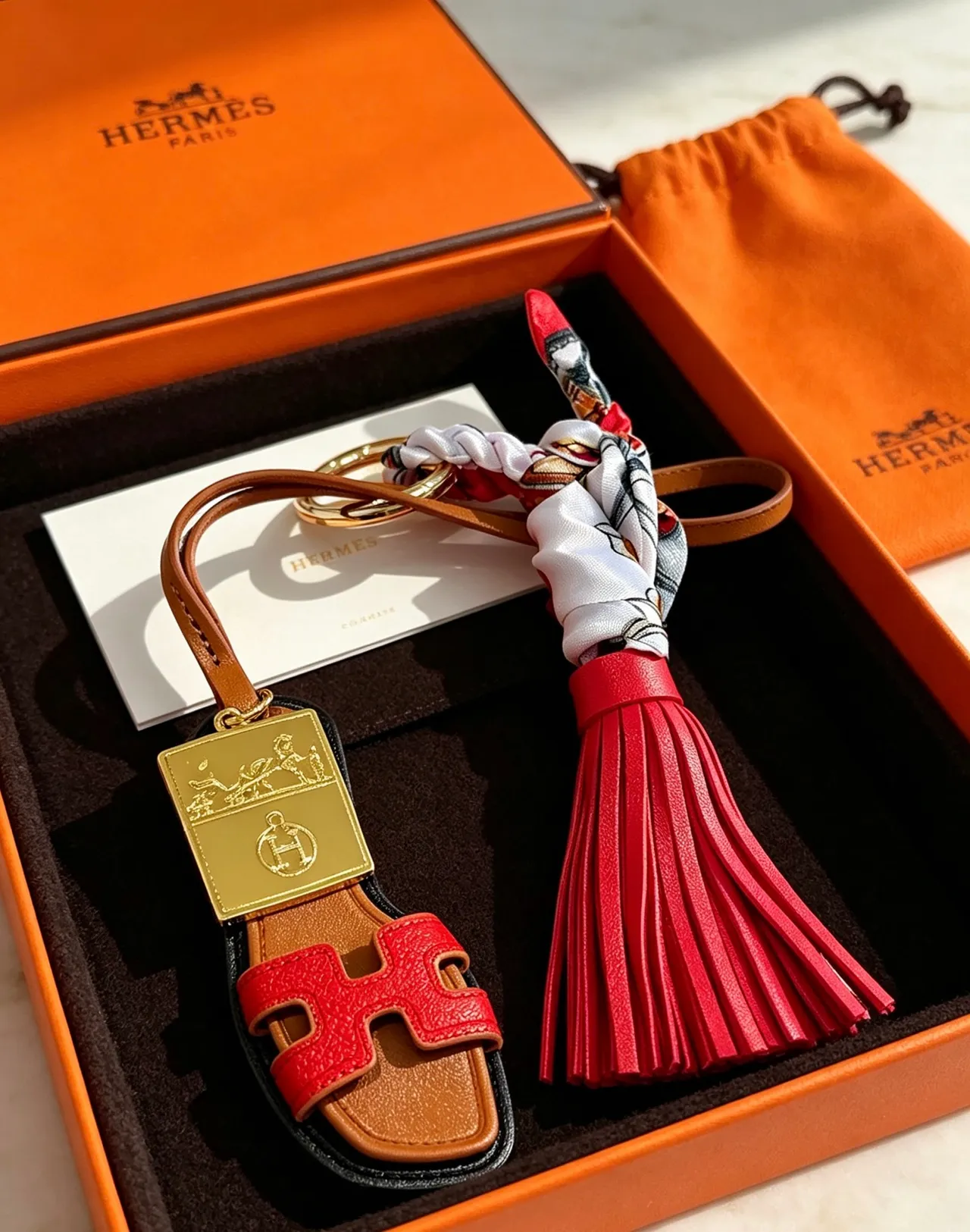 Hermès Oran Red Brown H-Shaped Leather Motif Silk Scarf Knot Handbag