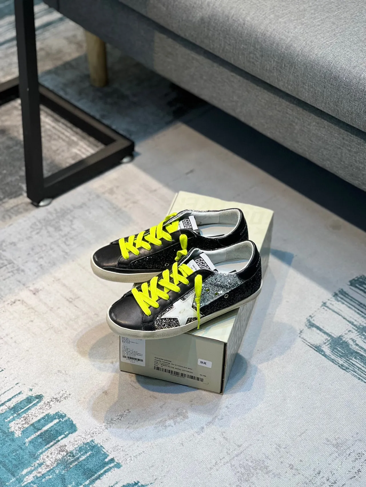 Golden Goose Superstar Black Silver Glitter Neon Yellow Lace-Up Lifestyle Sneakers