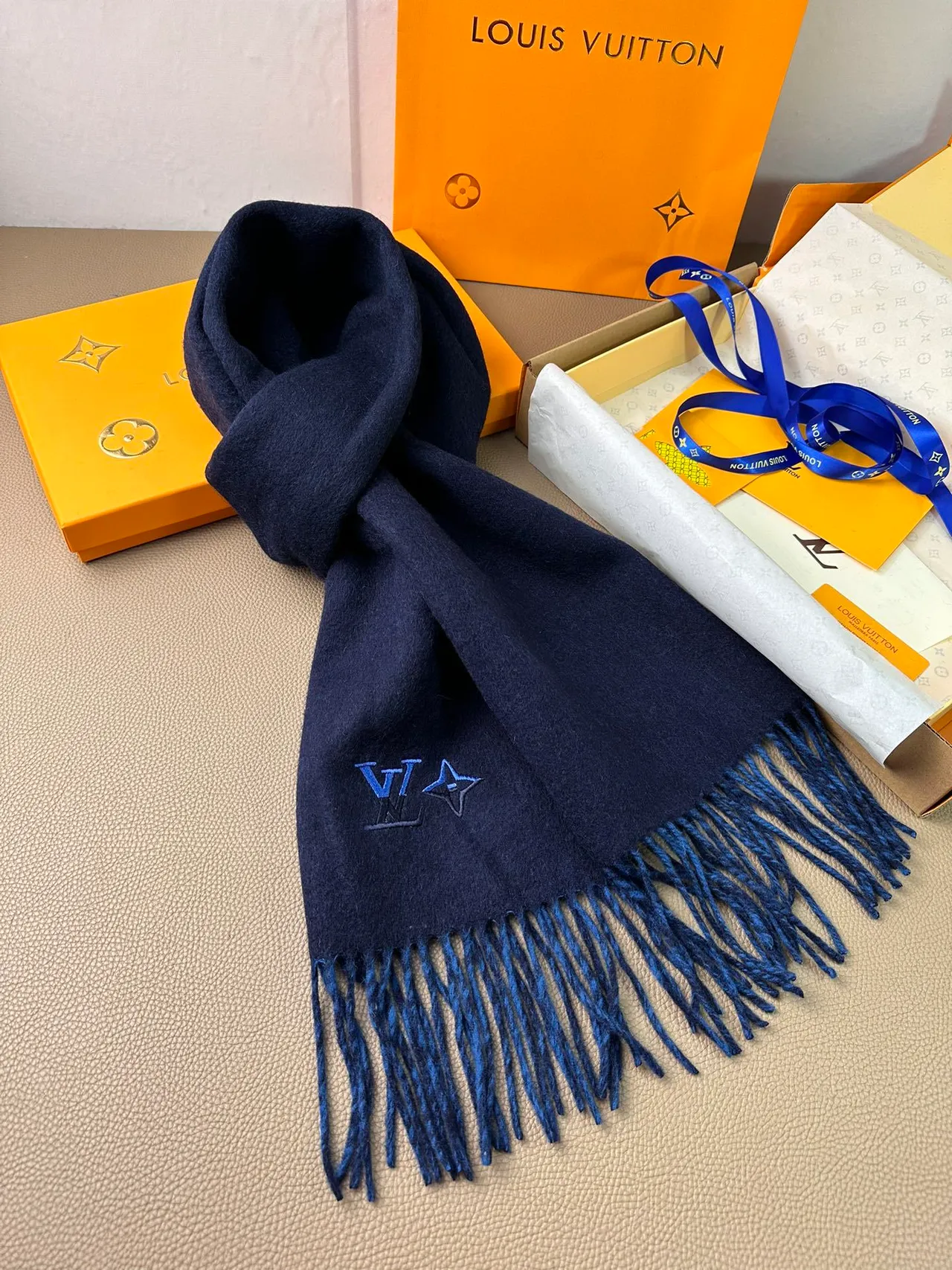 Louis Vuitton Embroidered Monogram Navy Cashmere Scarf