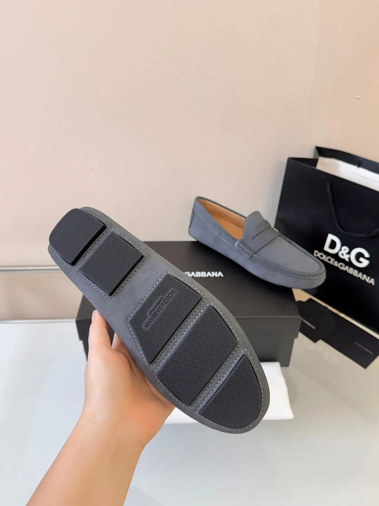 Dolce & Gabbana Penny Loafer Gray Beige Suede Upper Strap Loafer